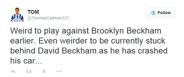 Cảm giác rất lạ khi vừa thi đấu với Brooklyn Beckham. Còn lạ hơn nữa khi đang bị kẹt ngay sau xe của David Beckham vì chú ấy vừa đâm xe...