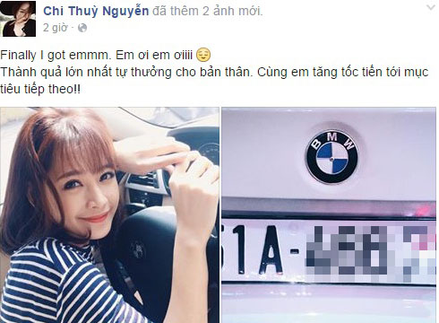 Chi Pu khoe hình ảnh chiếc BMW mới mua trên Facebook cá nhân.