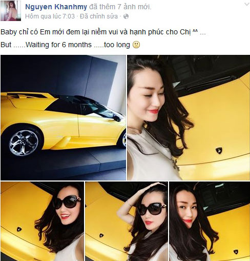Khánh My tự khoe đặt mua siêu xe Lamborghini trên Facebook.