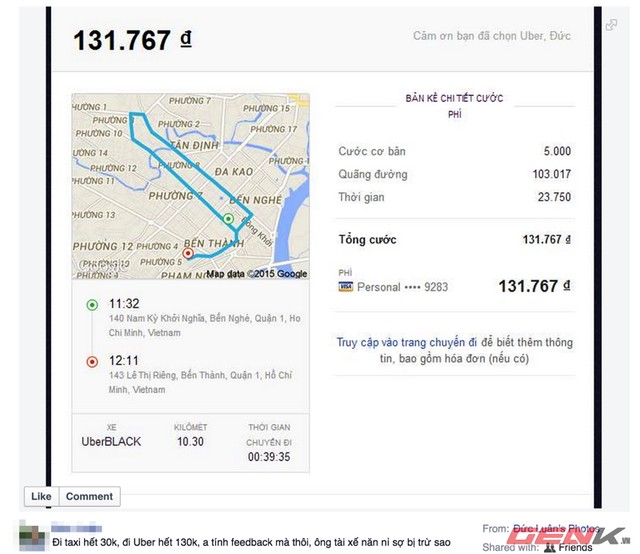 Một hành khách Việt phản ánh tài xế Uber đi theo đường vòng khiến cho chi phí bị đội lên gấp 4 lần.