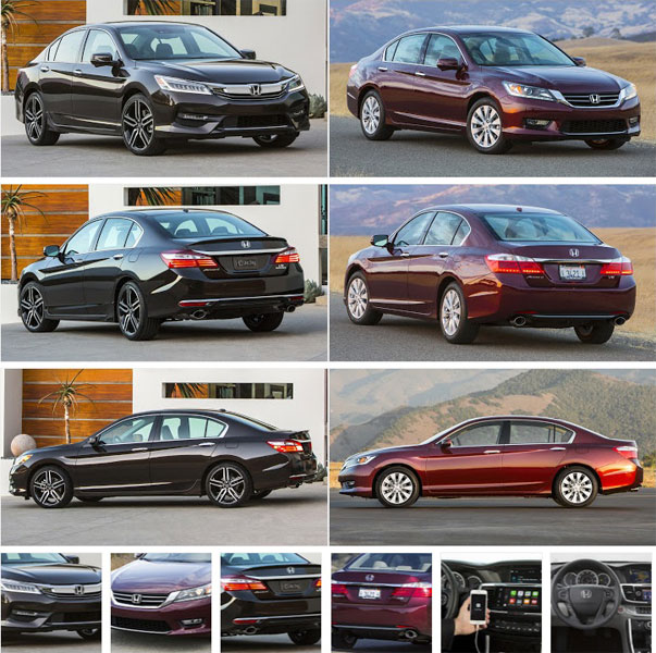 Bảng so sánh thiết kế của Honda Accord 2016 (bên trái màn hình) và phiên bản cũ.