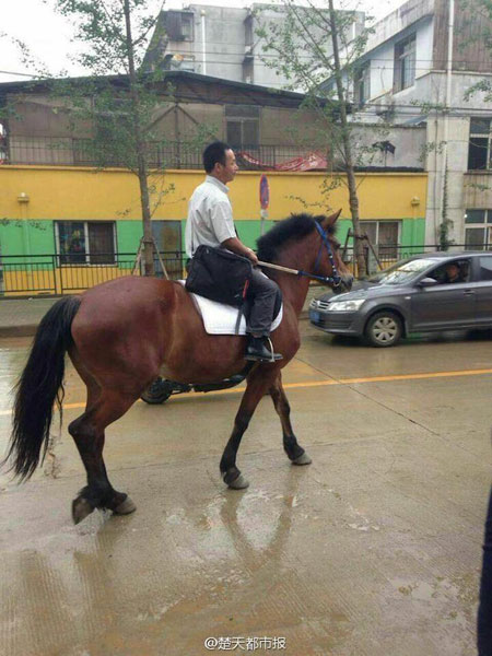 Người đàn ông cưỡi ngựa đi làm trên đường phố Vũ Hán, Trung Quốc.
