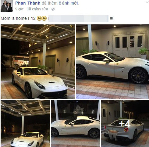 Phan Thành hào hứng chia sẻ ảnh của chiếc siêu xe Ferrari F12 Berlinetta mới mua lên Facebook cá nhân.