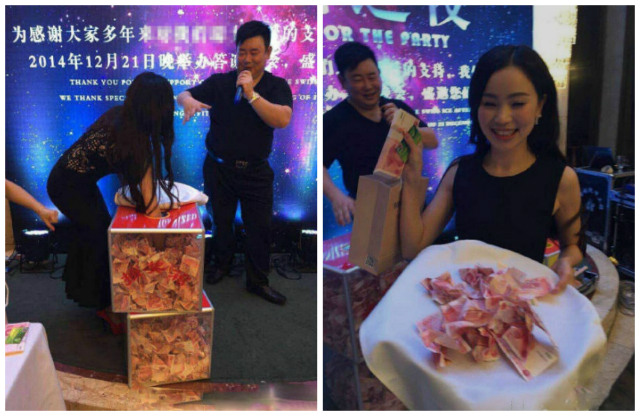 Nhân viên công ty tại Ôn Châu chơi trò bốc tiền trong thùng.