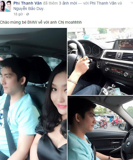 "Nữ hoàng dao kéo" Phi Thanh Vân đăng ảnh vợ chồng cô ngồi trong chiếc BMW mới tậu.