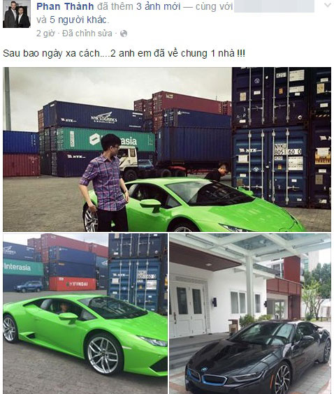 Đại gia Phan Thành đăng ảnh cặp đôi Lamborghini Huracan và BMW i8 mới mua lên Facebook cá nhân. Ảnh: FBNV