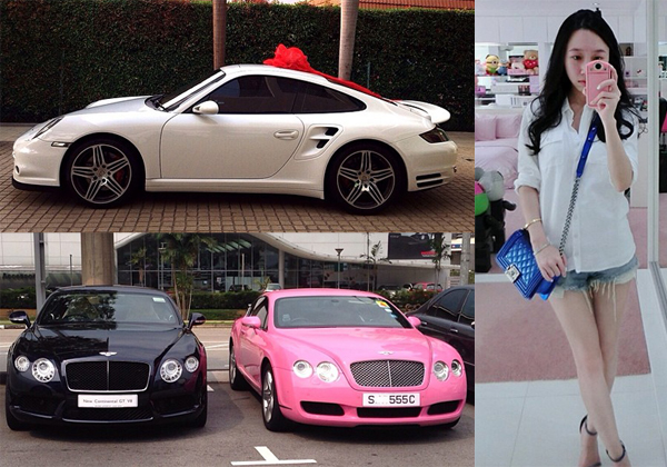 
Audrey Tay, tiểu thư 22 tuổi, nổi tiếng tại Singapore vì sở hữu một bộ sưu tập xe sang khá ấn tượng. Trong sinh nhật lần thứ 20, Tay đã được bố mẹ tặng cho một chiếc Bentley Continental màu hồng. Ngoài ra, cô còn được bố mẹ tặng một chiếc Porsche 911 Turbo màu trắng muốt.
