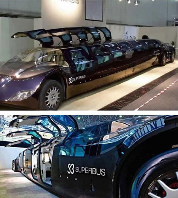 
Siêu xe buýt chỉ có ở Dubai được chế tạo theo đơn đặt hàng của một Tiểu vương. Chiếc xe buýt này có kiểu dáng giống siêu xe Lamborghini nhưng chạy bằng điện và có giá lên đến 7 triệu Bảng. Được làm từ những vật liệu trọng lượng nhẹ, bao gồm nhôm, sợi carbon, sợi thủy tinh, polycarbonate..., chiếc siêu xe buýt dài 15 m, rộng 2,5 m và cao 1,65 m, có đủ chỗ cho 23 người ngồi bên trong. Đặc biệt hơn, chiếc xe bus đắt giá còn được trang bị 8 bộ cửa kiểu cánh chim để hành khách có thể ra vào xe dễ dàng hơn.
