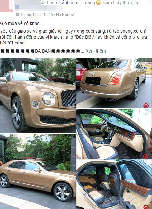 
Vào hồi giữa tháng 10, công ty nhập khẩu tư nhân này đăng tin đã bán chiếc Bentley Mulsanne Speed màu vàng cát cho đại gia Thanh Hóa. Ảnh chụp màn hình
