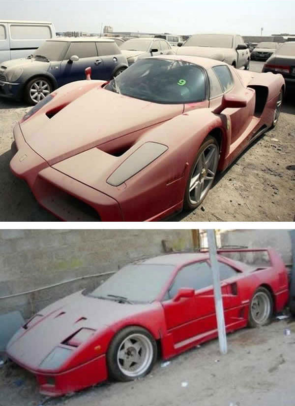 
Những chiếc siêu xe hàng triệu đô như Ferrari Enzo cũng có nguy cơ bị bỏ rơi nếu ở Dubai. Hình ảnh chiếc Ferrari Enzo màu đỏ phủ đầy bụi này đã từng gây xôn xao trên mạng xã hội cách đây vài năm. Được biết, chủ nhân của chiếc Ferrari Enzo này là một doanh nhân người Anh. Vì làm ăn thua lỗ, doanh nhân này đã trốn về Anh và bỏ rơi chiếc Ferrari Enzo của mình.
