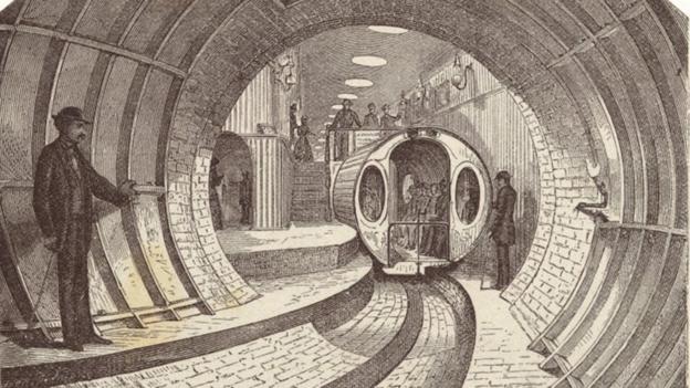 Hình ảnh minh họa của đường sắt ngầm Broadway ở thành phố New York dành cho đầu máy xe lửa chạy bằng khí nén.