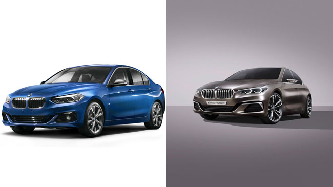 
BMW 1-Series Sedan phiên bản sản xuất (bên trái) và Concept Compact Sedan.
