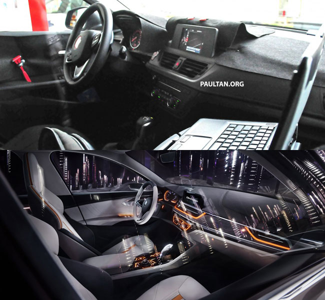 
Nội thất của BMW 1-Series Sedan phiên bản sản xuất (trên) và Concept Compact Sedan.
