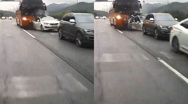 Chiếc Kia màu trắng bị vò nát. Ảnh cắt từ video