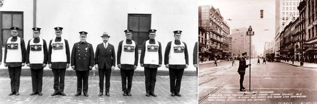 
Trước khi đèn giao thông được phát minh thì cảnh sát giao thông đã từng có thời gian phải điều tiết giao thông bằng cách thủ công. Ngoài việc sử dụng gậy hay những biển chỉ dẫn treo trên các con sào thì cảnh sát thậm chí còn đeo cả đèn trên ngực.
