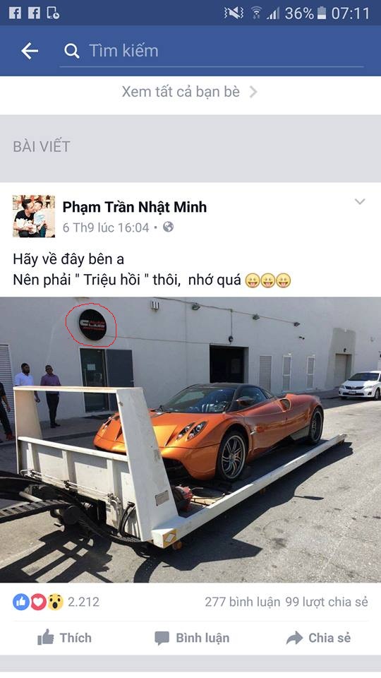 
Hình ảnh chiếc Pagani Huayra được Minh Nhựa chia sẻ khi còn ở nước ngoài tố cáo địa điểm mua xe là đại lý Al Ain Class Motors.
