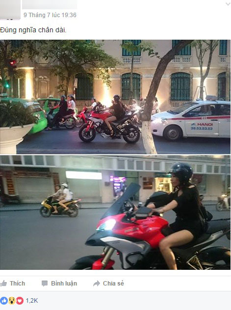 Hình ảnh cô gái trẻ với đôi chân dài miên man cầm lái chiếc mô tô phân khối lớn trên đường Hà Nội khiến cư dân mạng chú ý.