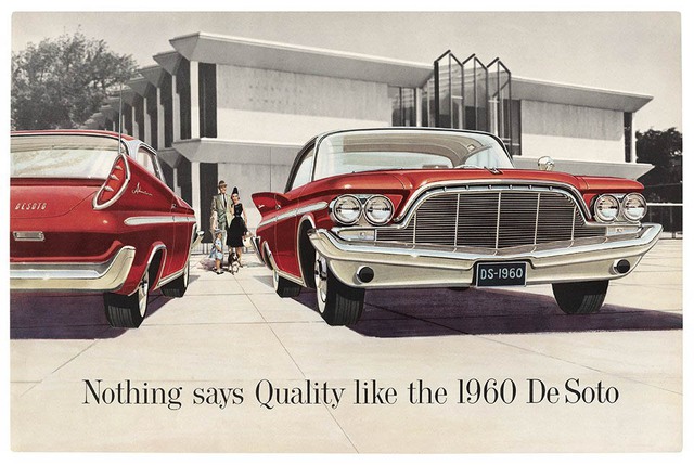 
Poster quảng cáo cho mẫu xe De Soto vào hồi những năm 1960. Đây là mẫu xe sedan gia đình được phân phối bởi thương hiệu Chrysler từ năm 1928-1961 với hơn 2 triệu mẫu xe được sản xuất.
