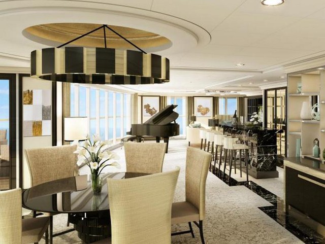 
Một căn phòng ở tầng 14 của chiếc Seven Seas Explorer với đầy đủ tiện nghi từ phòng khách, quầy bar, đàn piano và có view mở hướng biển.
