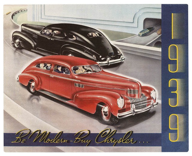 
Thương hiệu xe Chrysler với những mẫu xe mang tính khí động học năm 1939 cũng đưa ra poster quảng cáo xe của mình dựa trên khả năng hội hoạ của các hoạ sĩ thời bấy giờ.

