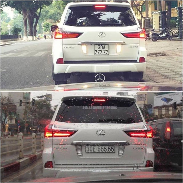 Nói về cách chơi biển khủng của những chiếc LX570 2016 tại thị trường Việt Nam phải kể đến các tay chơi Hà thành. Trong ảnh dễ dàng nhận ra hai chiếc SUV hạng sang của Lexus ngoài giống nhau về bộ áo trắng muốt, còn phải kể đến dãy 5 số đều mang biển ngũ quý.