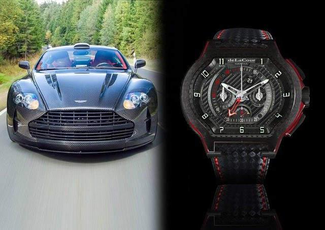 Cặp đôi hoàn hảo đầu tiên phải kể đến chính là chiếc xe Aston Martin bóng bẩy và chiếc đồng hồ với thiết kế độc đáo deLaCour City Ego. Kiểu dáng phá cách, mạnh mẽ cũng như những tính năng khác biệt chính là vũ khí của thương hiệu deLaCour.