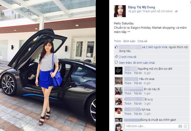 Hot girl Midu đăng ảnh chụp với chiếc BMW i8 của hôn phu đại gia. Ảnh: FBNV