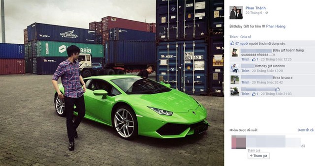 Đại gia Phan Thành hé lộ việc mua chiếc siêu xe Lamborghini Huracan màu xanh cốm làm quà sinh nhật cho em trai Phan Hoàng trên Facebook cá nhân.