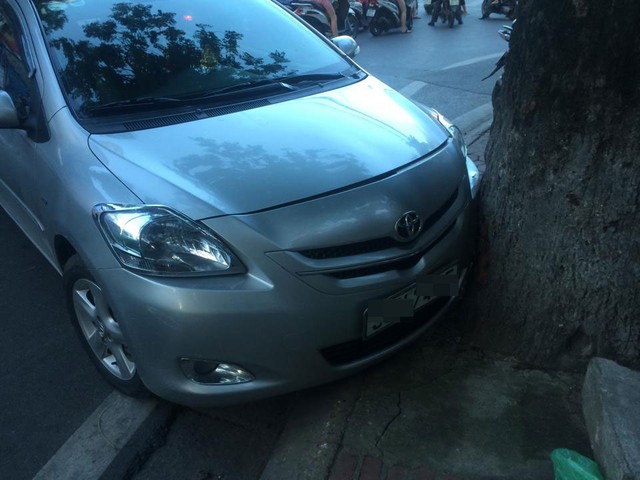 Đầu xe Toyota Vios đâm vào gốc cây bên đường. Ảnh: Trọng Bình/Otofun