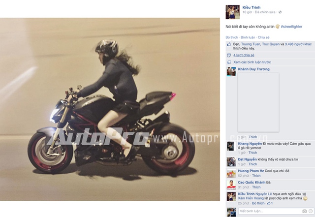 Hình ảnh hotgirl Kiều Trinh - Xíu chạy một chiếc Ducati Street Fighter thu hút được nhiều sự quan tâm của cư dân mạng.