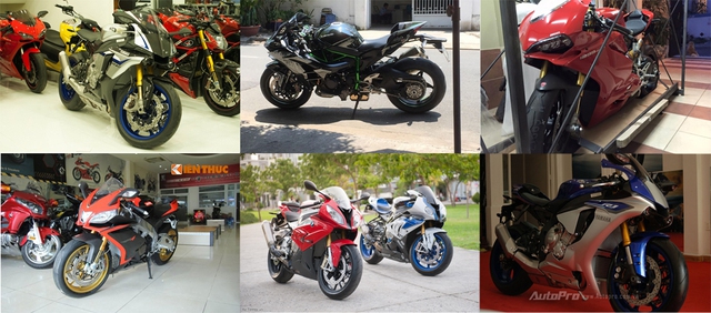 Từ trái sang Yamaha R1M, Kawasaki H2, Ducati 1299 Panigale S,  Aprilia RSV4 RR, BMW S1000RR, Yamaha R1.