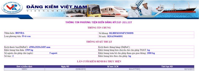 Thông tin về biển số 51F-211.11 trên trang web của Cục Đăng kiểm Việt Nam.