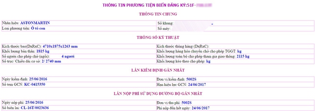 
Thông tin đăng ký biển số của chiếc Aston Martin DB9 Volante trên trang web của cục đăng kiểm. Ảnh chụp màn hình
