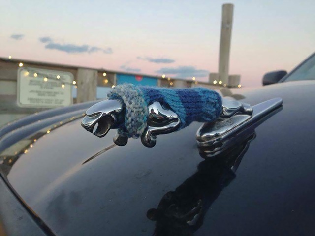 
Quả là một chú xe có tâm và chu đáo khi mặc cả áo len để biểu tượng chú báo trên nắp capô xe Jaguar không bị lạnh trong mùa đông.
