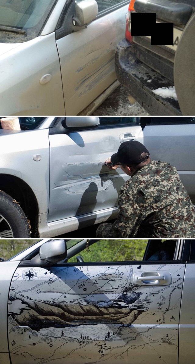 Thay vì tốn tiền đưa xe đến gara để sửa vết móp và xước trên cửa, anh chàng này lại tận dụng hoa tay của mình. Kết quả là một bức họa cảnh hồ nước và núi non đẹp mắt đã ra đời đồng thời che lấp luôn vết xước cũng như móp trên cánh cửa.