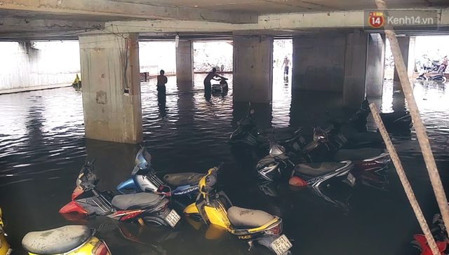 
Hàng nghìn chiếc xe máy bị nhấn chìm trong hầm xe ở đường Nguyễn Siêu. Ảnh: Lê Giang.

