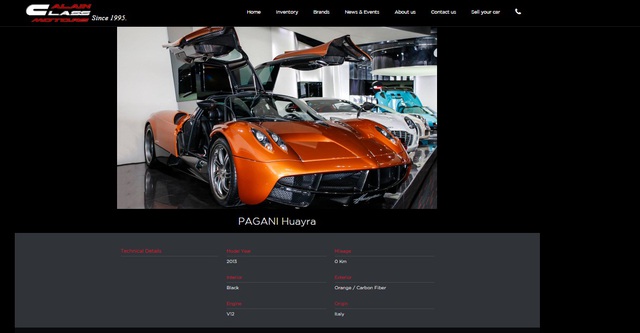 
Thông tin về chiếc Pagani Huayra trên trang web của đại lý Al Ain Class Motors, Dubai.
