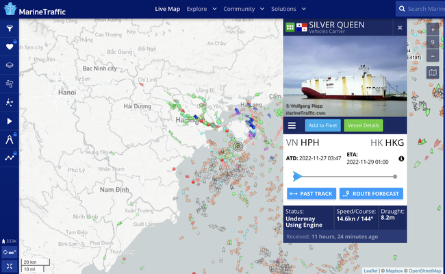 Cập nhật hành trình tàu chở lô VinFast VF 8: Vận tốc 27 km/h, đang trên đường tới Hồng Kông - Ảnh 1.