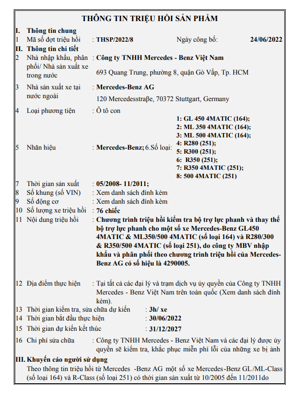  Triệu hồi hàng loạt mẫu SUV của Mercedes tại Việt Nam do lỗi trợ lực phanh  - Ảnh 1.