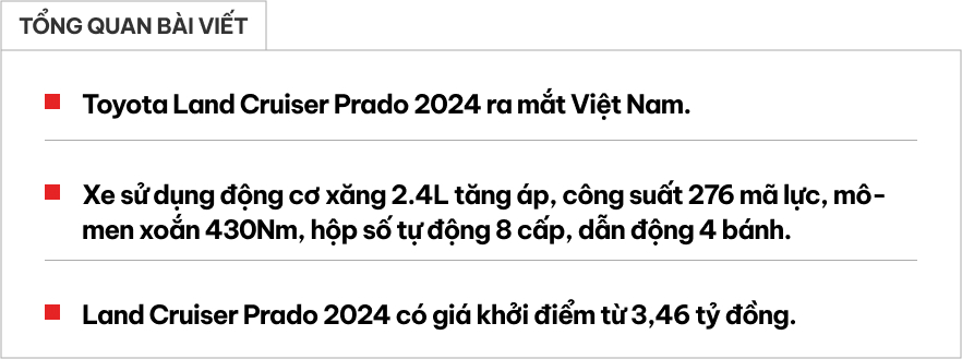 Toyota Land Cruiser Prado 2024 ra mắt Việt Nam: Giá từ 3,46 tỷ đồng, động cơ 267 mã lực, có ADAS, sẽ trưng bày ở VMS 2024- Ảnh 1.