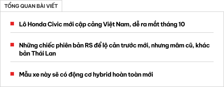 Lô Honda Civic 2024 cập cảng Việt Nam, chờ ra mắt tháng này: Thiết kế mới, có điểm khác bản Thái, thêm hybrid đấu Altis- Ảnh 1.