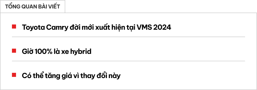 Hot nhất lúc này: Toyota Camry đời mới lộ diện tại VMS 2024, là bản cao nhất, màn hình kép 12,3inch, chỉ còn động cơ hybrid, có ADAS- Ảnh 1.