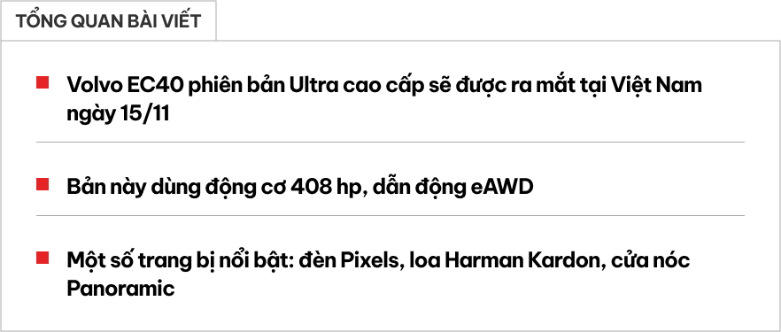 Lộ trang bị Volvo EC40 giá tạm tính hơn 1,8 tỷ sắp ra mắt Việt Nam: Mạnh hơn 400 mã lực, AWD, nhiều ‘option’ nội thất xịn- Ảnh 1.