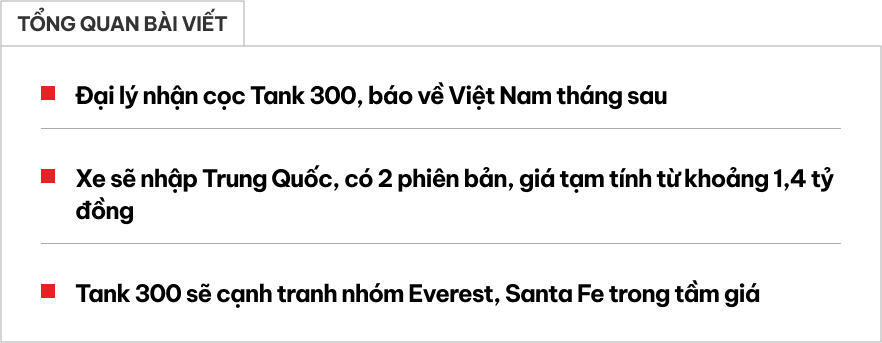 Đại lý báo Tank 300 về Việt Nam tháng sau với giá tạm tính từ 1,4 tỷ đắt hơn Santa Fe, 2 loại động cơ, đầy đủ ADAS- Ảnh 1.