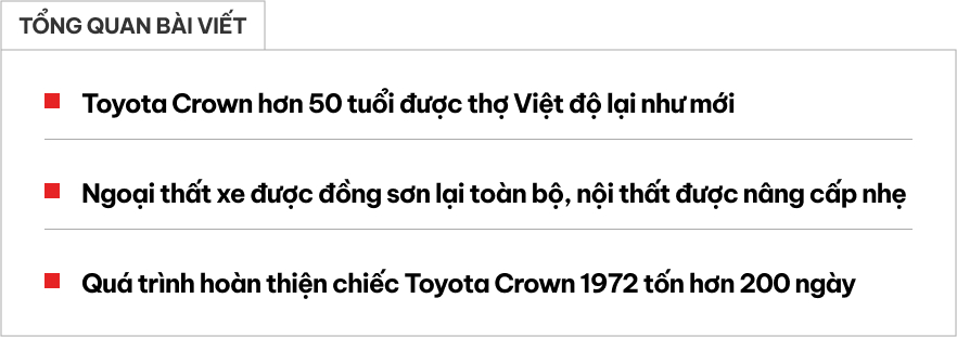 Thợ Việt ‘hồi sinh’ Toyota Crown 52 năm tuổi: Tốn hơn 200 ngày, có đồ phải đặt từ Nhật, nẹp inox tự chế ’30 năm nữa chưa hỏng’- Ảnh 1.