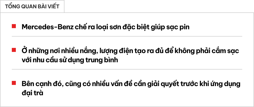 Xe điện Mercedes có thể đi cả năm không cần sạc nhờ công nghệ này: Hấp thụ năng lượng từ sơn, phù hợp thời tiết Việt Nam- Ảnh 1.