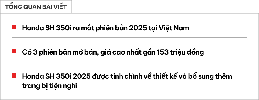 Honda SH 350i 2025 ra mắt Việt Nam: Giá từ hơn 151 triệu, mặt trước mới, hộc đồ lớn hơn, thêm USB-C- Ảnh 1.