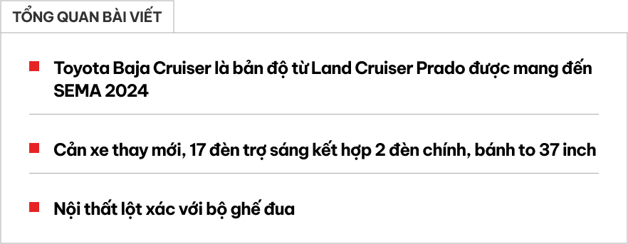 Chủ xe Toyota Prado 2024 mê offroad có thể tham khảo bản độ này: Bánh khủng, ghế đua, 19 đèn chiếu sáng- Ảnh 1.