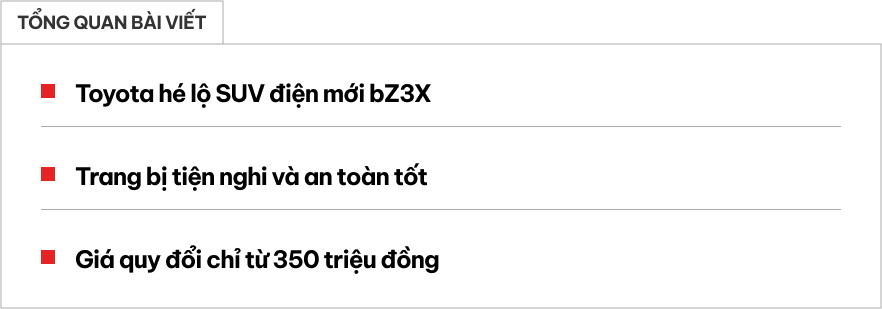 Toyota bZ3X ra mắt: Giá quy đổi chỉ từ 350 triệu đồng, chạy tới 620km/sạc, màn gần 15inch, camera, cảm biến 'dát' đầy quanh xe- Ảnh 1.