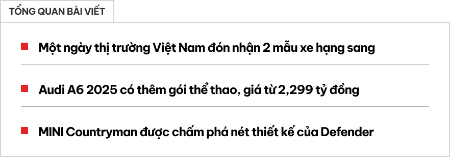 Audi A6 2025, MINI Countryman mới ra mắt Việt Nam cùng ngày: Giá đều khoảng 2,2 tỷ, nâng cấp tiện nghi, công nghệ- Ảnh 1.